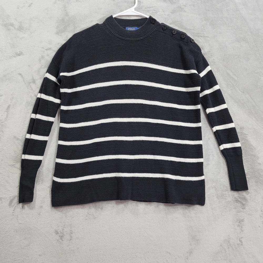 Polo Ralph Lauren Sweater Womens XS Black White Striped Linen Button Shoulder